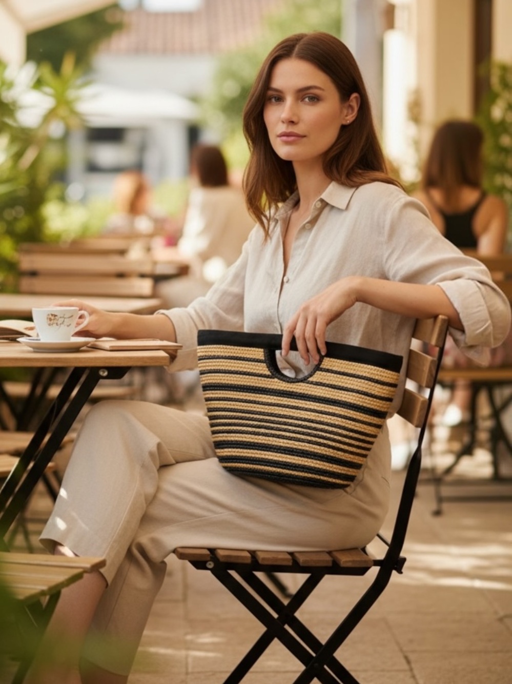 Straw casual black & natural basket weave bohemian summer beach purse handbag